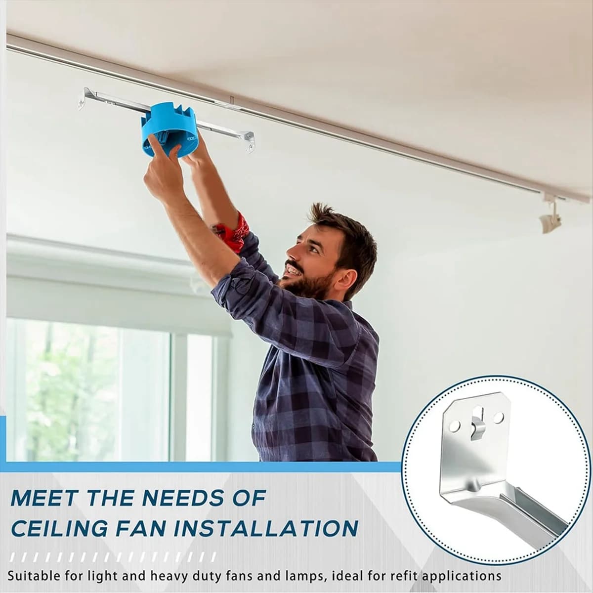 A002 Scatola elettrica per ventola da soffitto da 2 pezzi Scatola elettrica regolabile da 14,25 a 22,5 pollici e staffa per ventola con barra di supporto Blu