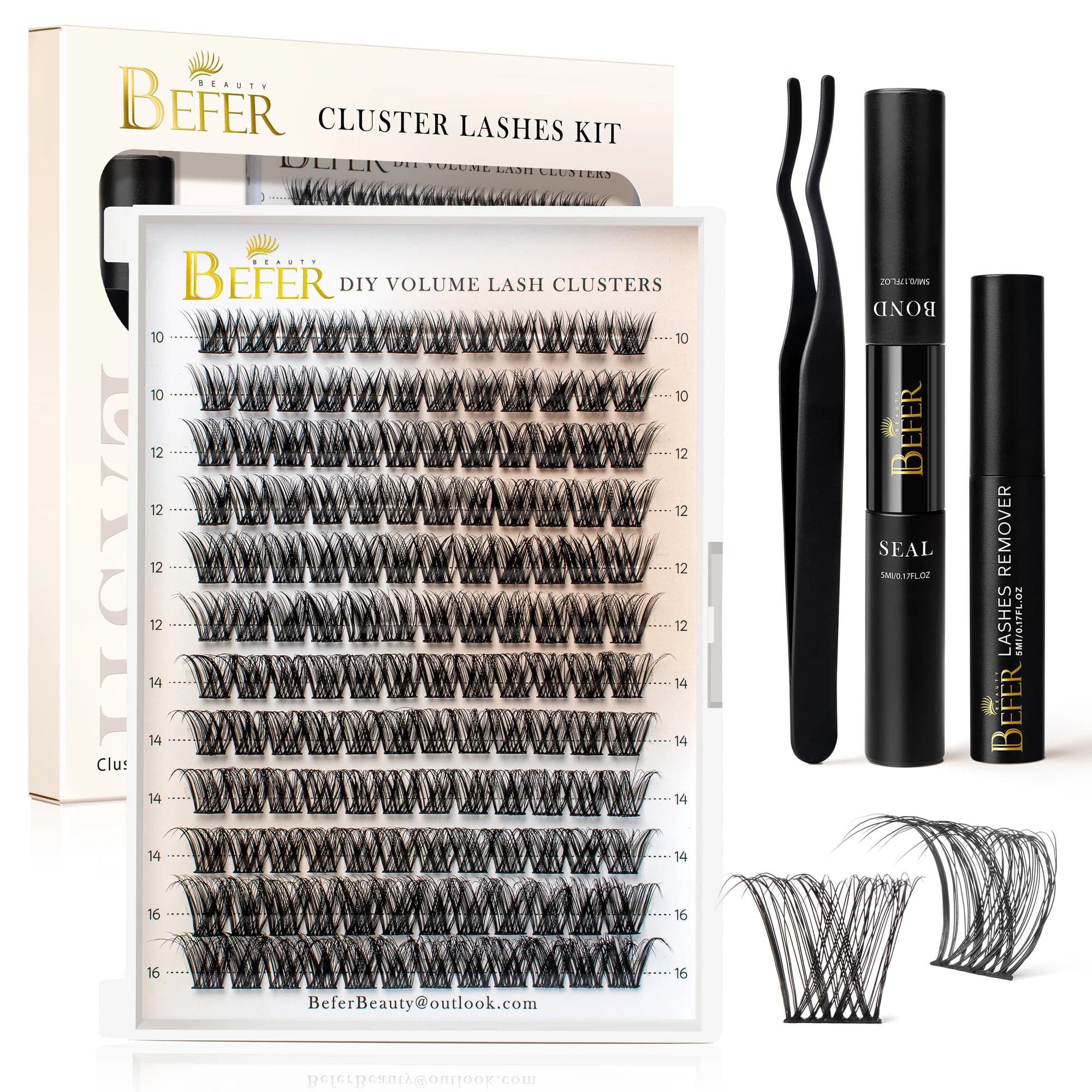 Kit Ciglia a Ciuffetti Befer, Set di Ciglia Finte, Kit Estensione Ciglia Fai da Te con Adesivo, Sigillante, Solvente e Pinzette