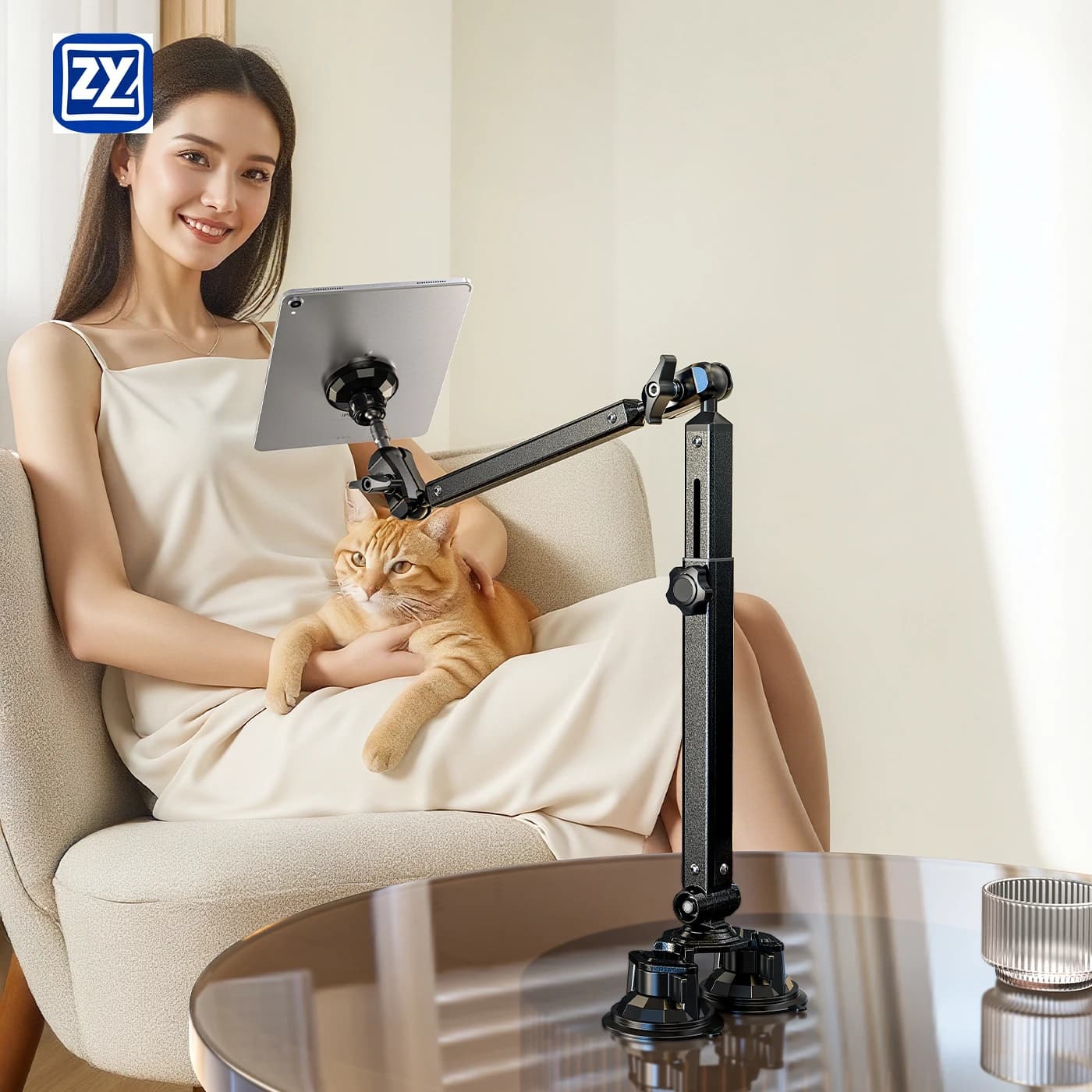 Robust Magnetic Support for Tablet with Swivel Arm and Double Suction Cup Holder for Cell Phone
