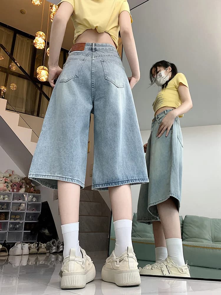 Light Wash High Waist Wide Leg Denim Shorts Women's Summer Loose plus Size Straight Cut Jeans Casual Comfortable Cotton Blend