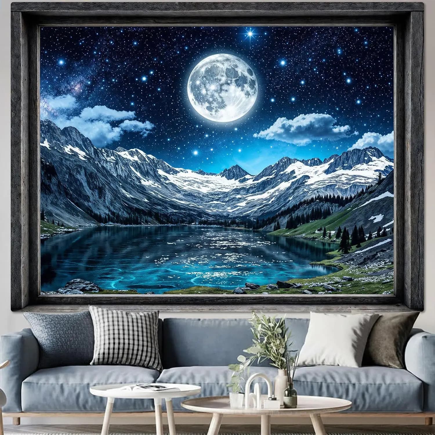 3D Window Full Moon Mountain Lake Tapestry, Starry Sky Snow Mountain Print Large Wall Hanging for Bedroom Living Room Aesthetic