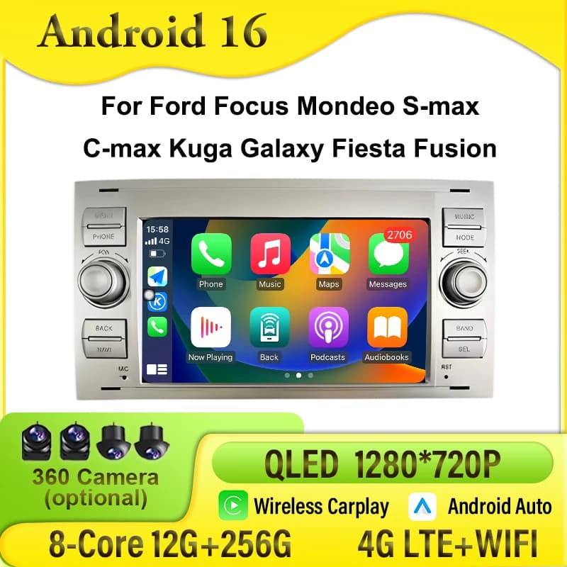 Autoradio Android 16 da 7'' per Ford Focus Mondeo S-max C-max Kuga Galaxy Fiesta Fusion Stereo CarPlay Auto Multimedia Video WIFI