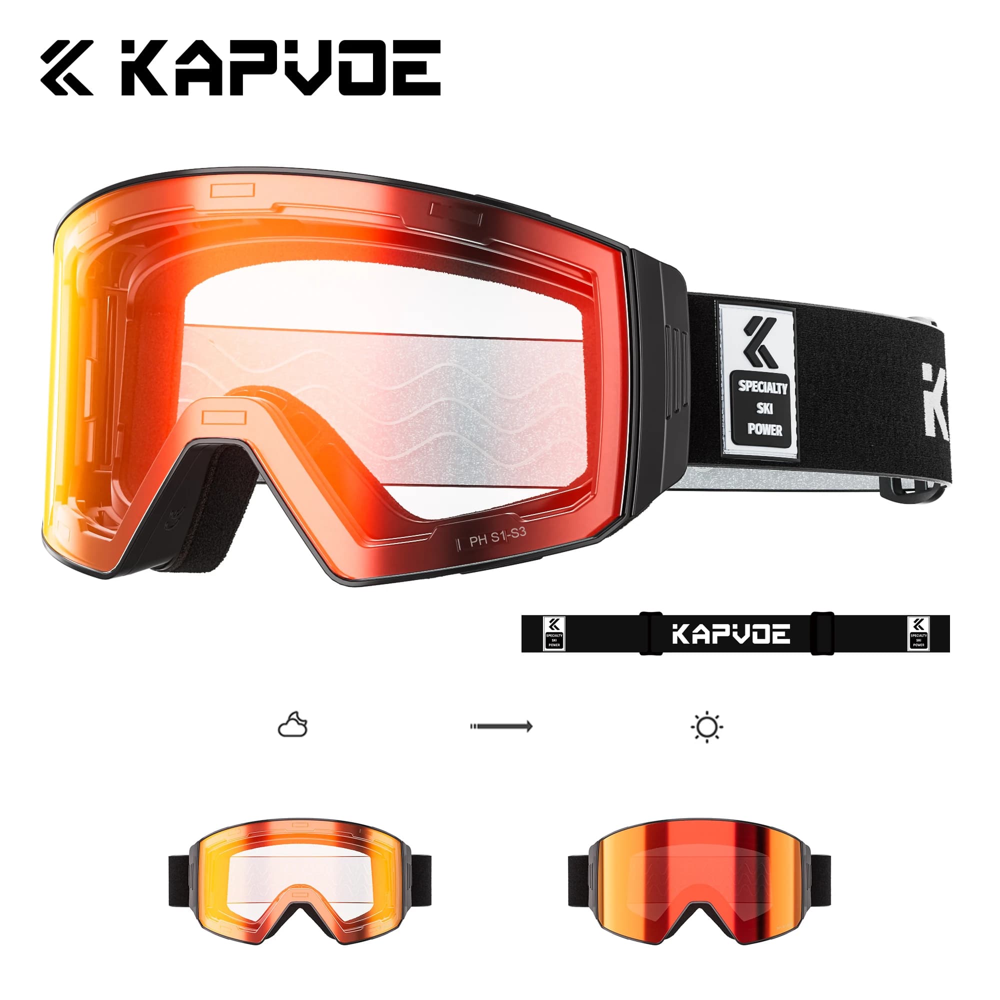 Kapvoe UV400 Photochromic Snow Goggles Ski Sunglasses Magnetic Anti-Fog Lenses Protection Fashion Men Women Ski Sports Eyewear