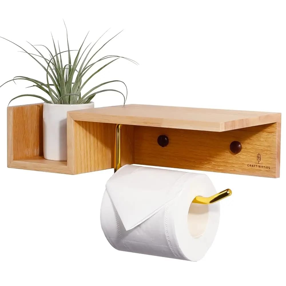 Portarotolo in Legno di Quercia Rossa con Mensola, Porta Carta Igienica da Bagno, Montaggio a Parete