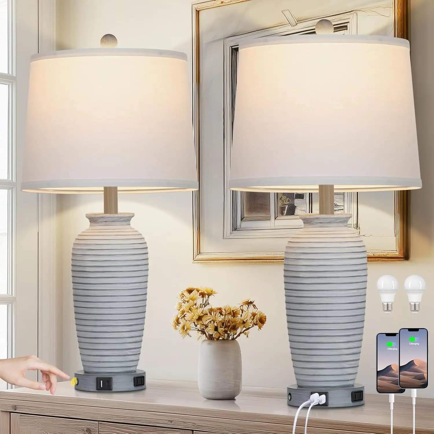 Set di 2 Lampade da Tavolo Stile Fattoria da 25 Pollici, Controllo Touch con Porte USB A+C e Presa di Corrente per Camera da Letto e Soggiorno