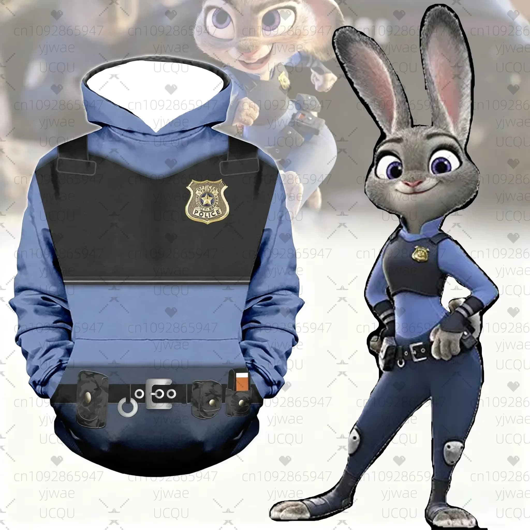 Shirt with Hood Judy Rabbit Zootopia Police 2026, Cosplay Costume for Halloween, T-Shirt for Children and Adults