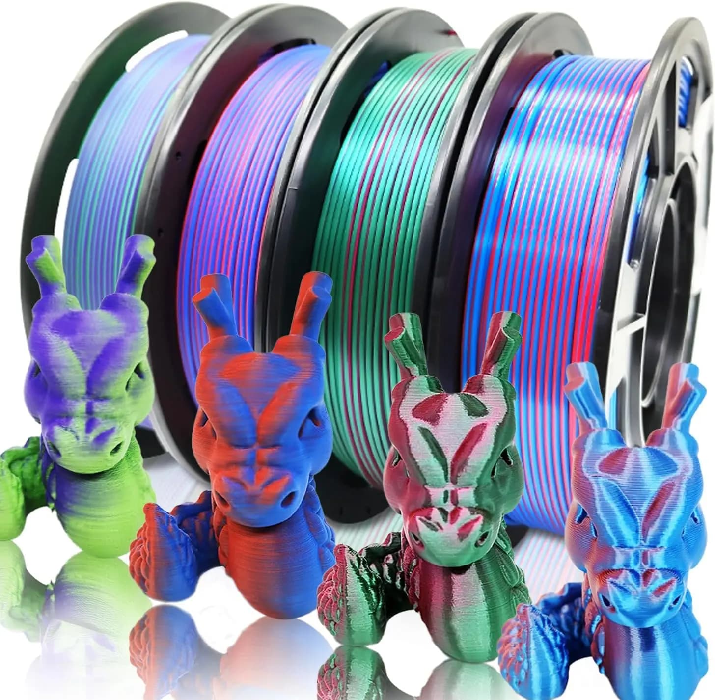 4X 250g Color Pack, Dual Color Filament Coextrusion PLA Filament 1.75mm for 3D Printer, 4 x 250g Spools Matte Red/Blue, Matte Purple/Green, Silk Red/Blue, Silk Purple/Green