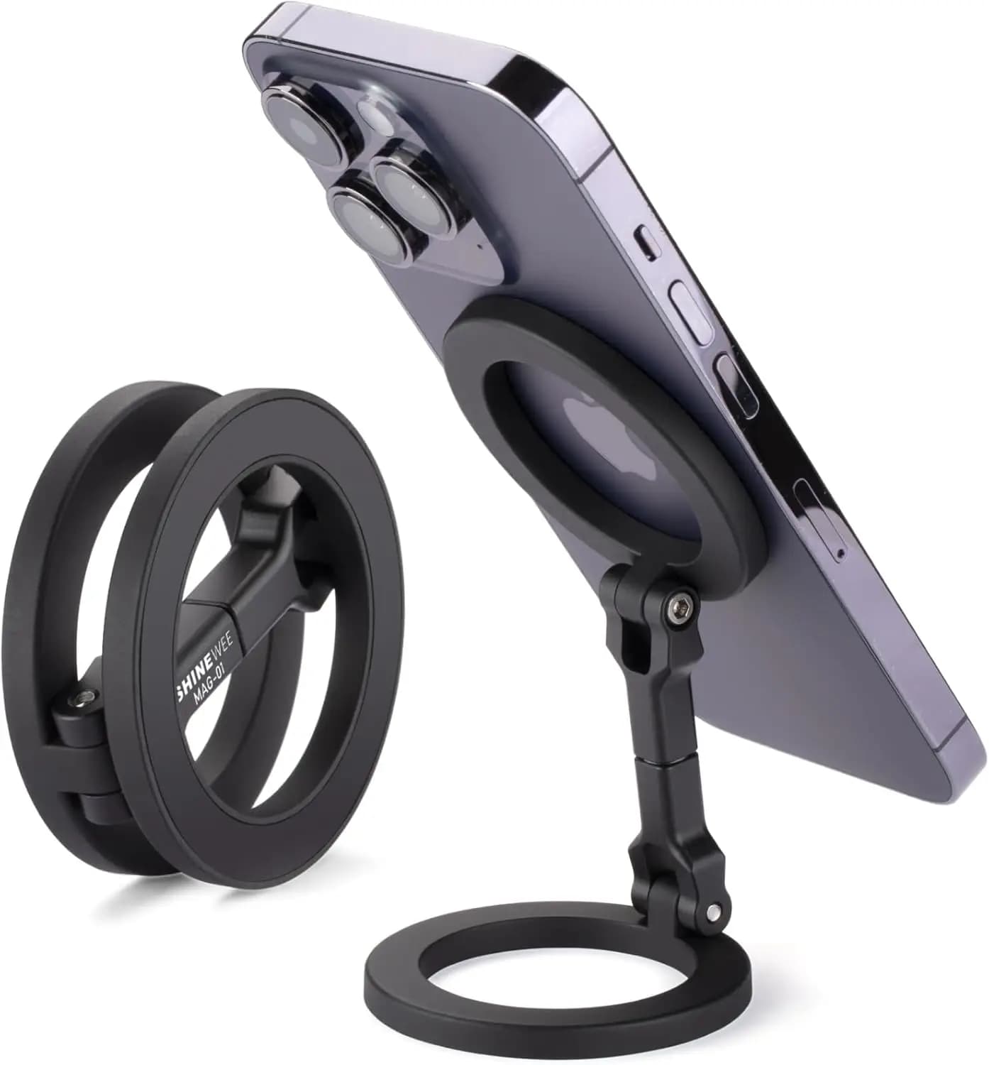 Phone support with double magnetic ring – Fast attaches to any iron surface | Adjustable in Rotation and Inclination | Compatible with iPhone 17/6/15