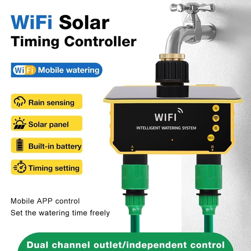 Timer Irrigazione WiFi da Giardino a 2 Zone, Alimentato a Energia Solare, Sistema di Irrigazione Automatico Smart Tuya, Strumento per Irrigazione a Goccia e Spruzzo