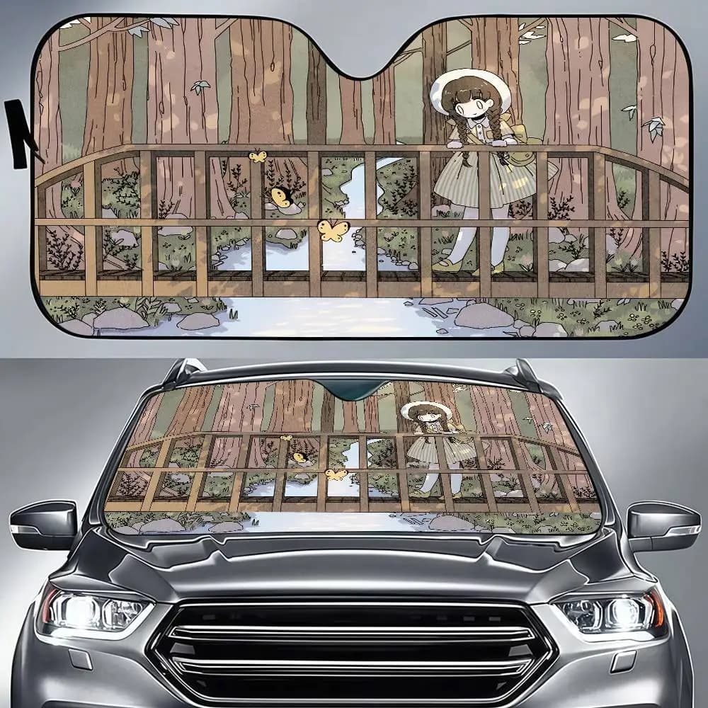 Pellicola per Finestrini Auto con Illustrazione di Ragazza Cartoon, Parasole Riscaldato per Parabrezza, Protezione Solare per Auto