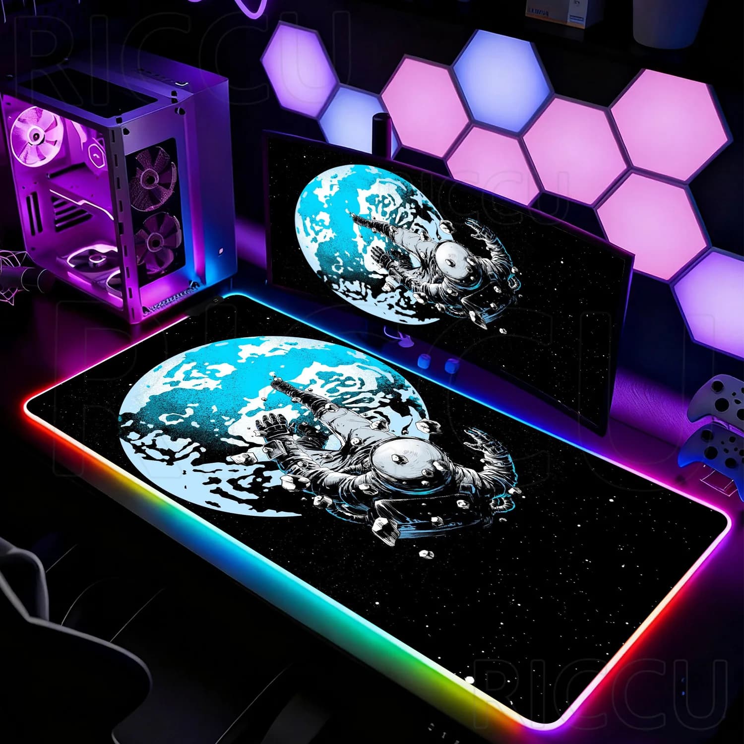Tappetino per mouse RGB XXL HD con stampa universo, tappetino da gioco per tastiera astronauta, tappetino da scrivania per eSports, accessori per computer PC, tappetino per mouse LED.