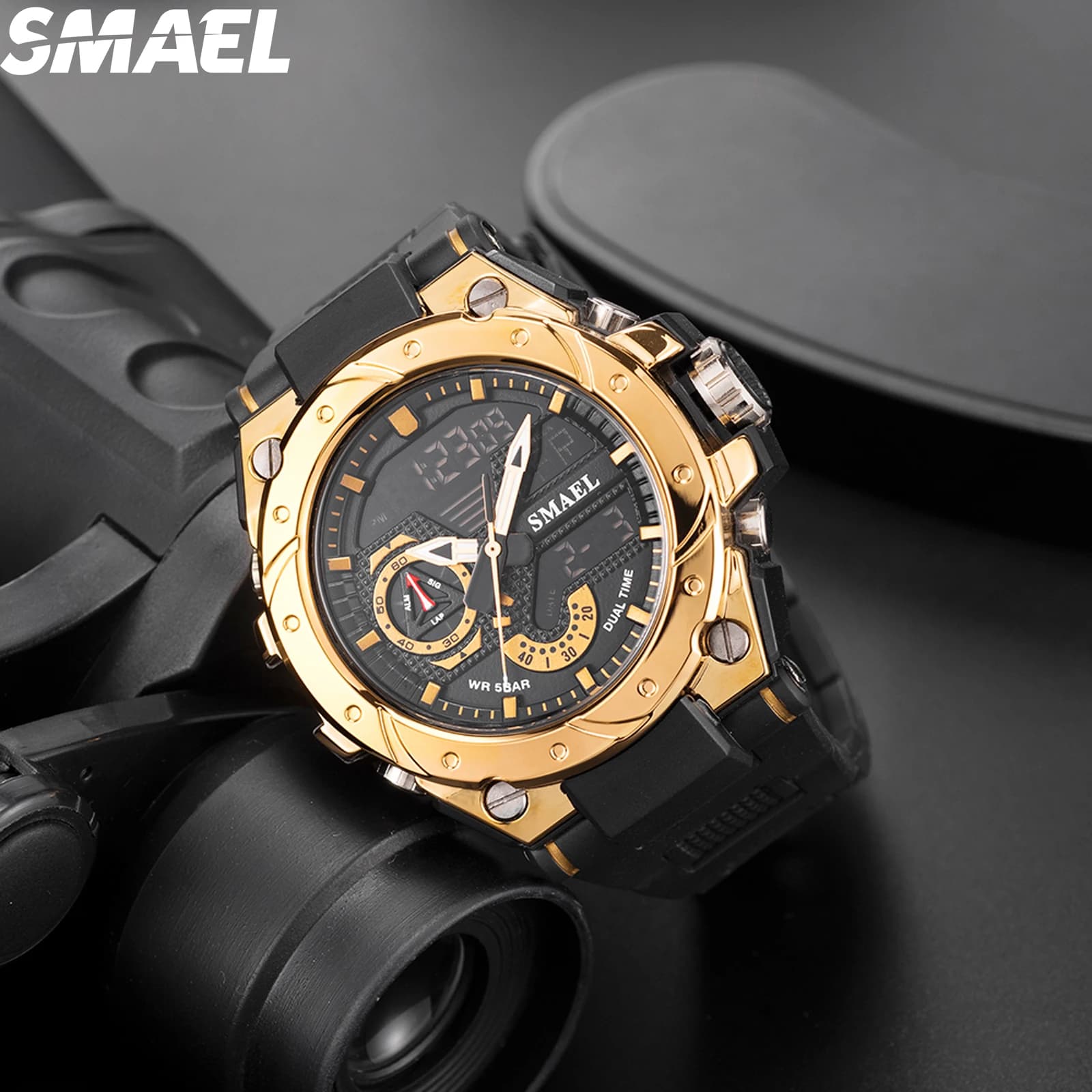 SMAEL Sport orologi al quarzo LED displayantiurto 50M sveglia impermeabile digitali analogici 8060 per uomo