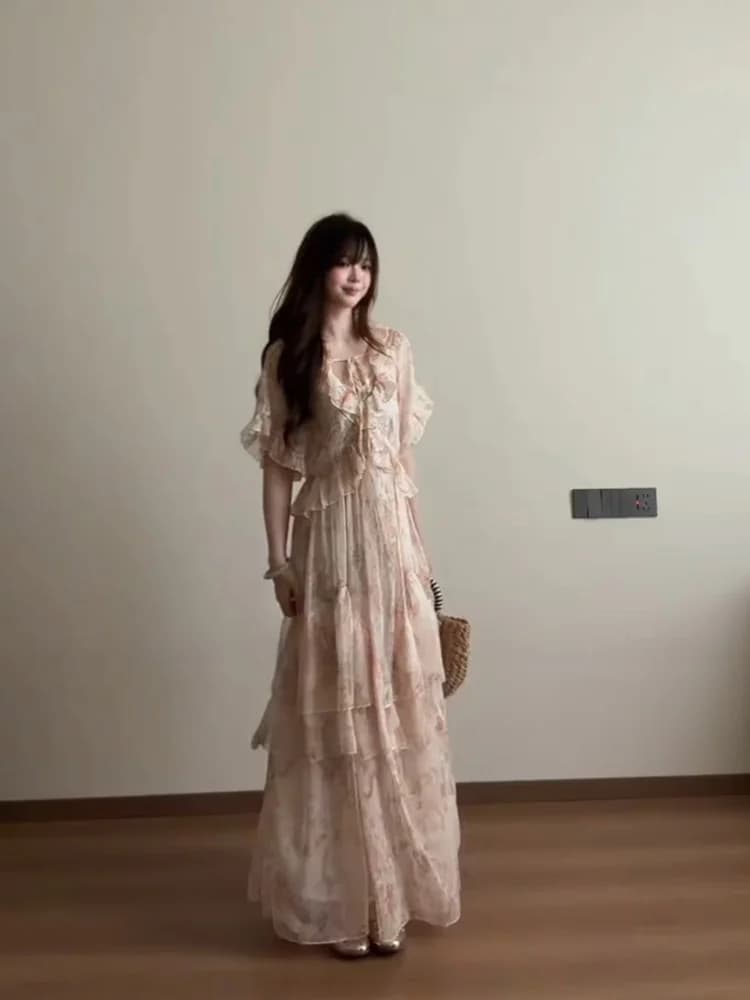 Stazf7 Summer Floral Print Maxi Dress Women's Loose Fit High Waist Gentle Wind Long Skirt Elegant French Style City Commute