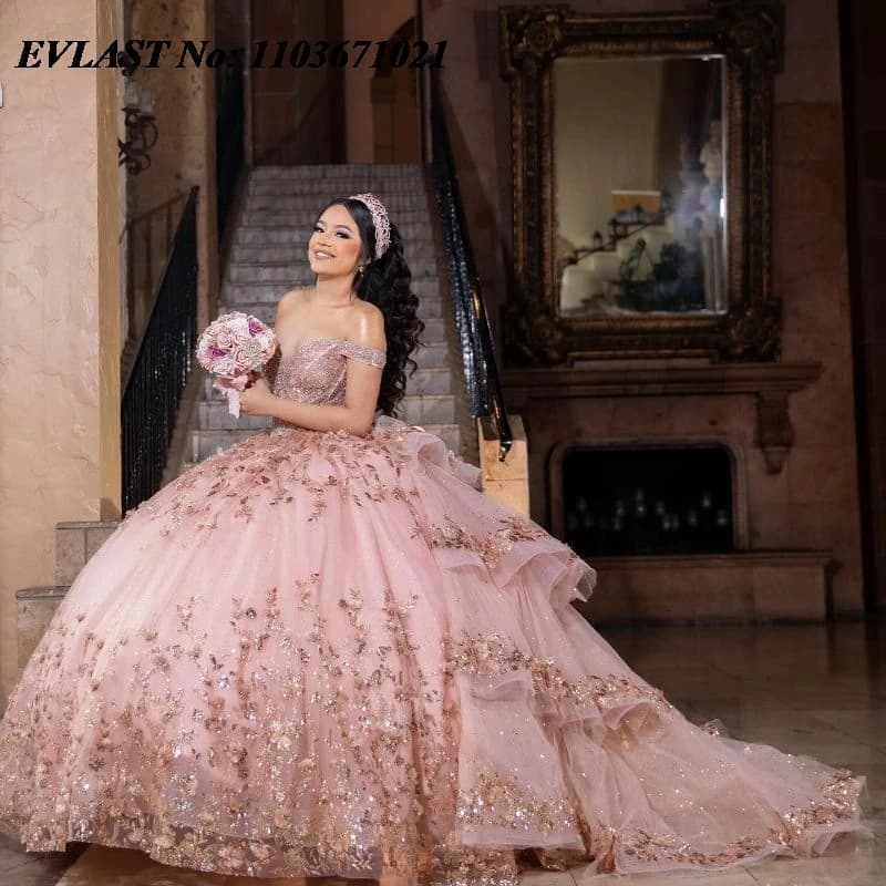EVLAST Personalizzato Rosa Abito Quinceanera Abito di Sfera Paillettes Applique In Rilievo di Cristallo A File Dolce 16 Abiti De XV 15 Anos SQ71