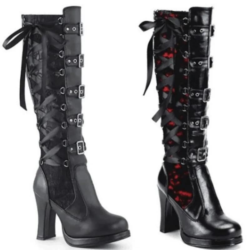Punk Gothic Style Women's Knee High Boots Ladies Motorcycle Boots Comfort Long Tube Knight Boots Platform High Heels Women Shoes