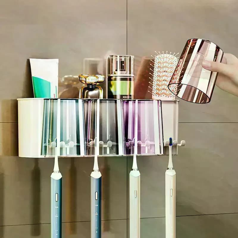 Toothbrush Holder And Mug Holder Wall Mounted Perforation-free Bathroom Shelf Mouthwash Cup Toothbrush Holder Multifunctional