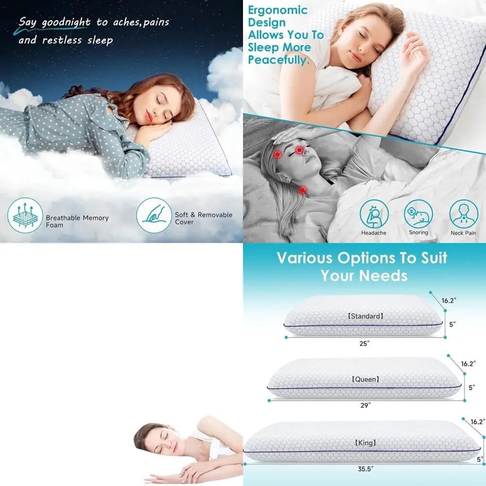 Memory Foam cushions for sleeping on one side, back and stomach - Set of 2 with washable lining and breathable mesh, Grey, King size
