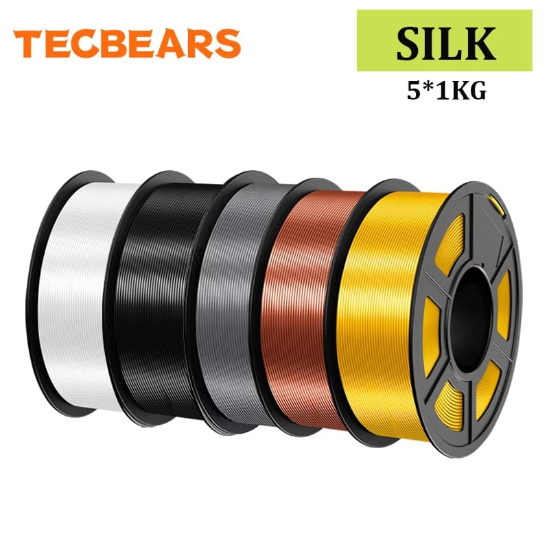 Filamento per Stampante 3D TECBEARS, 5 Rotoli 5KG, PLA+ SILK Multicolore, Avvolgimento Preciso, Alta Resistenza, Senza Bolle per Materiale FDM Fai-da-Te