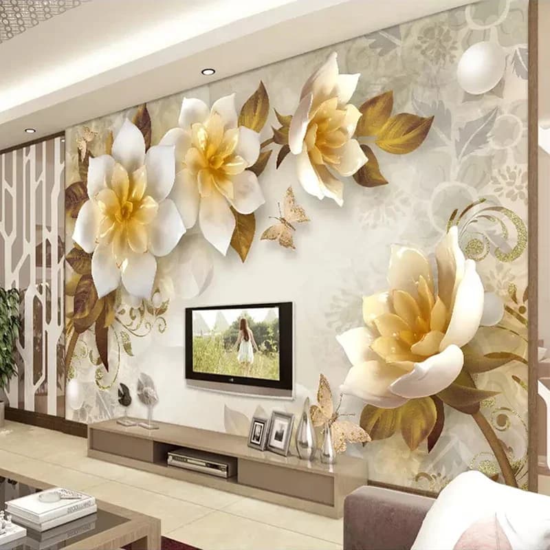 Pittura murale personalizzata Carta da parati con fiori dorati in rilievo 3D in stile europeo per la decorazione della casa dello sfondo della TV del soggiorno