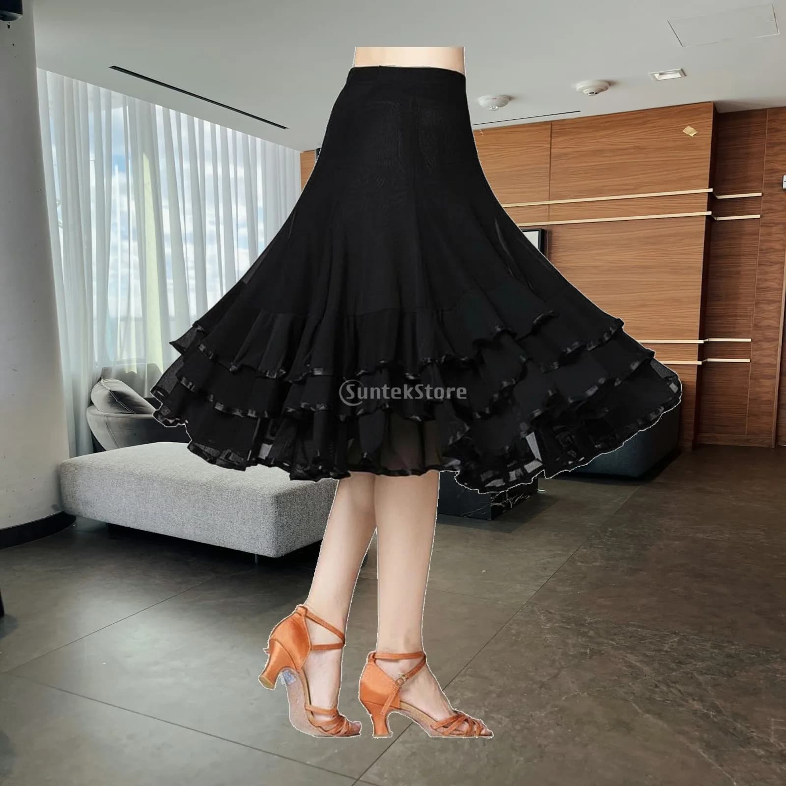 360 Degree Billow Dance Skirt Elastic Waistband Latin Dance Practice Skirt for Dancers, Artists