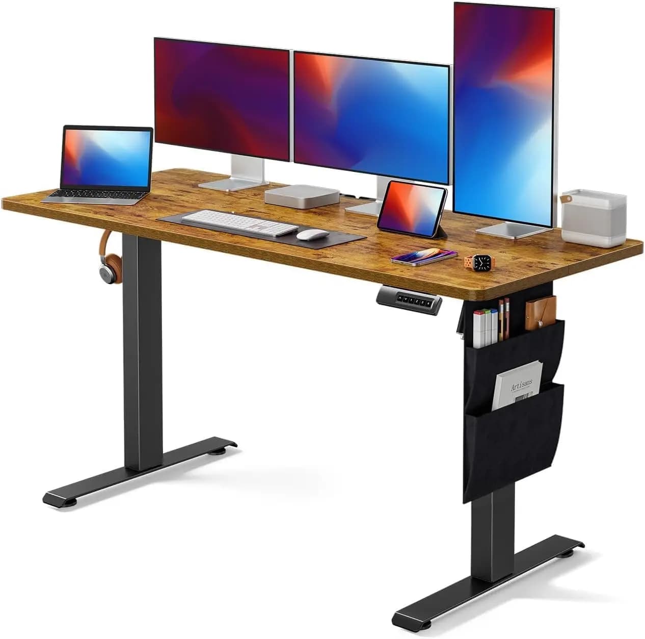 Scrivania Elettrica Regolabile 55"x24" con Borsa Portaoggetti, 4 Impostazioni Memorizzabili e Gancio per Cuffie per Ufficio Domestico