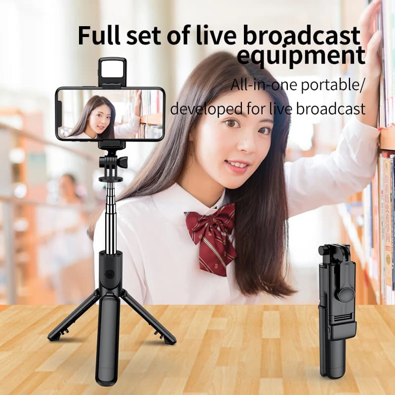 Roreta Treppiede portatile Bluetooth Selfie Stick Supporto per telefono multifunzionale retrattile con luce selfie Telecomando wireless
