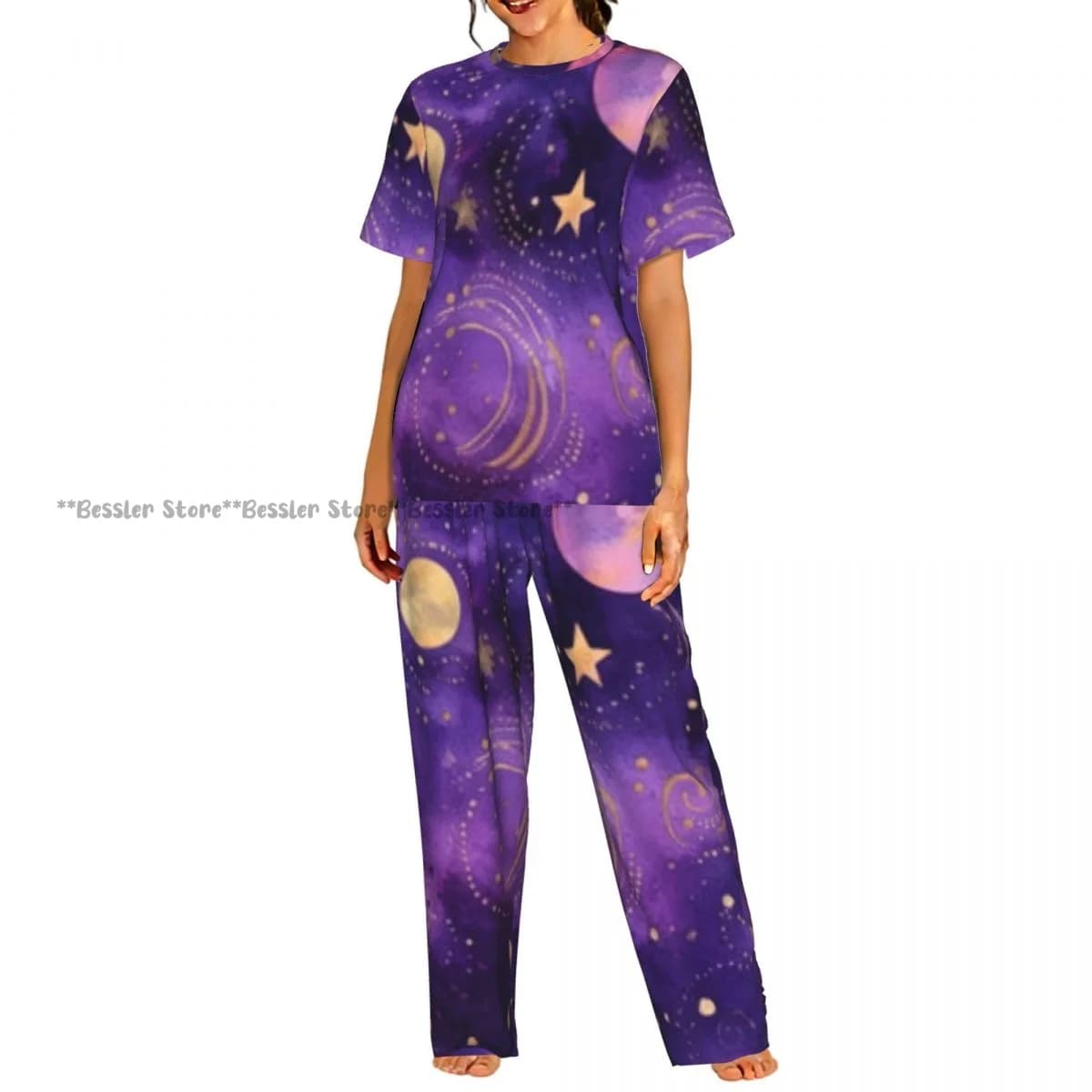Set da 2 pezzi da donna, pigiama con stelle e pianeti dorati, top a maniche corte e pantaloni, abbigliamento da notte