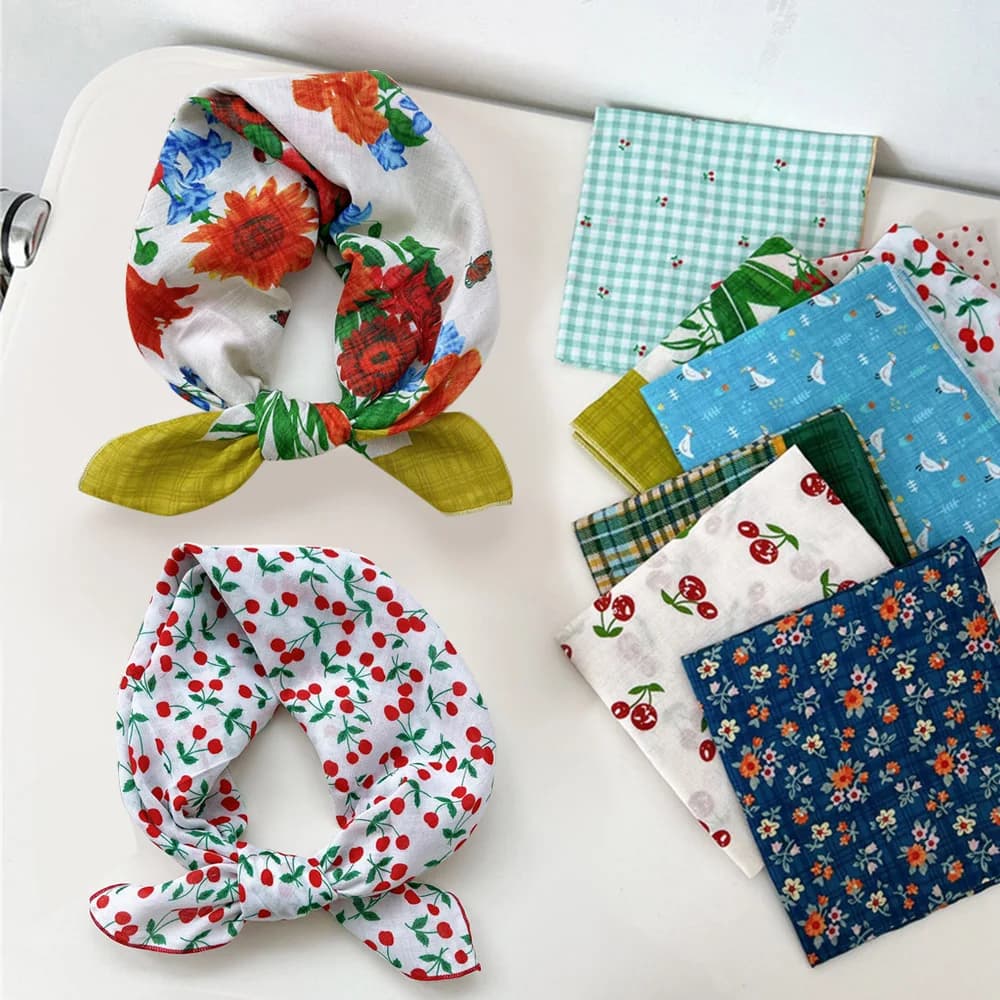 Foulard quadrato in cotone e lino con stampa ciliegie, sciarpa da collo, bandana leopardata da donna, fazzoletto decorativo floreale, bandana per capelli