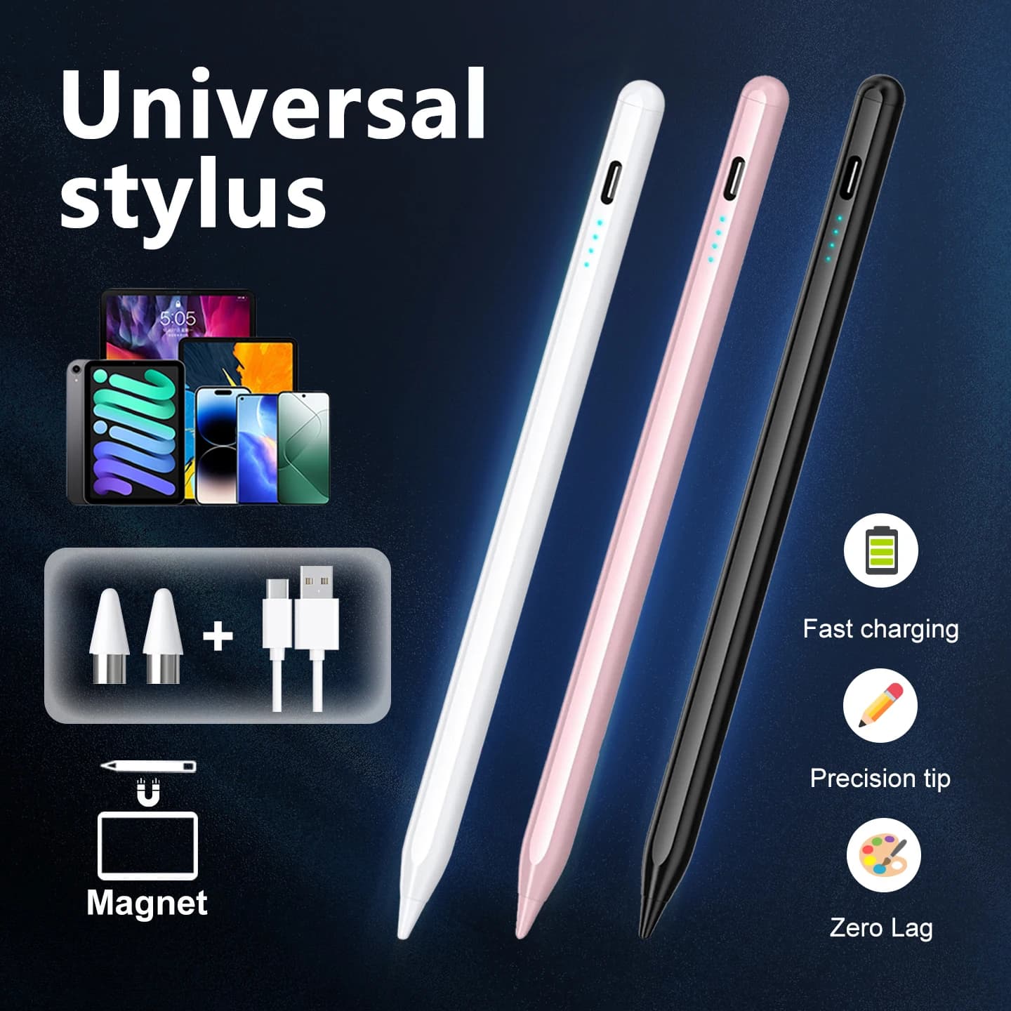 Penna Stylus, Ricarica Rapida Lunga Durata della Batteria Attacco Magnetico Laterale, Stylus Universale Compatibile con il 95% di Tablet e Telefoni