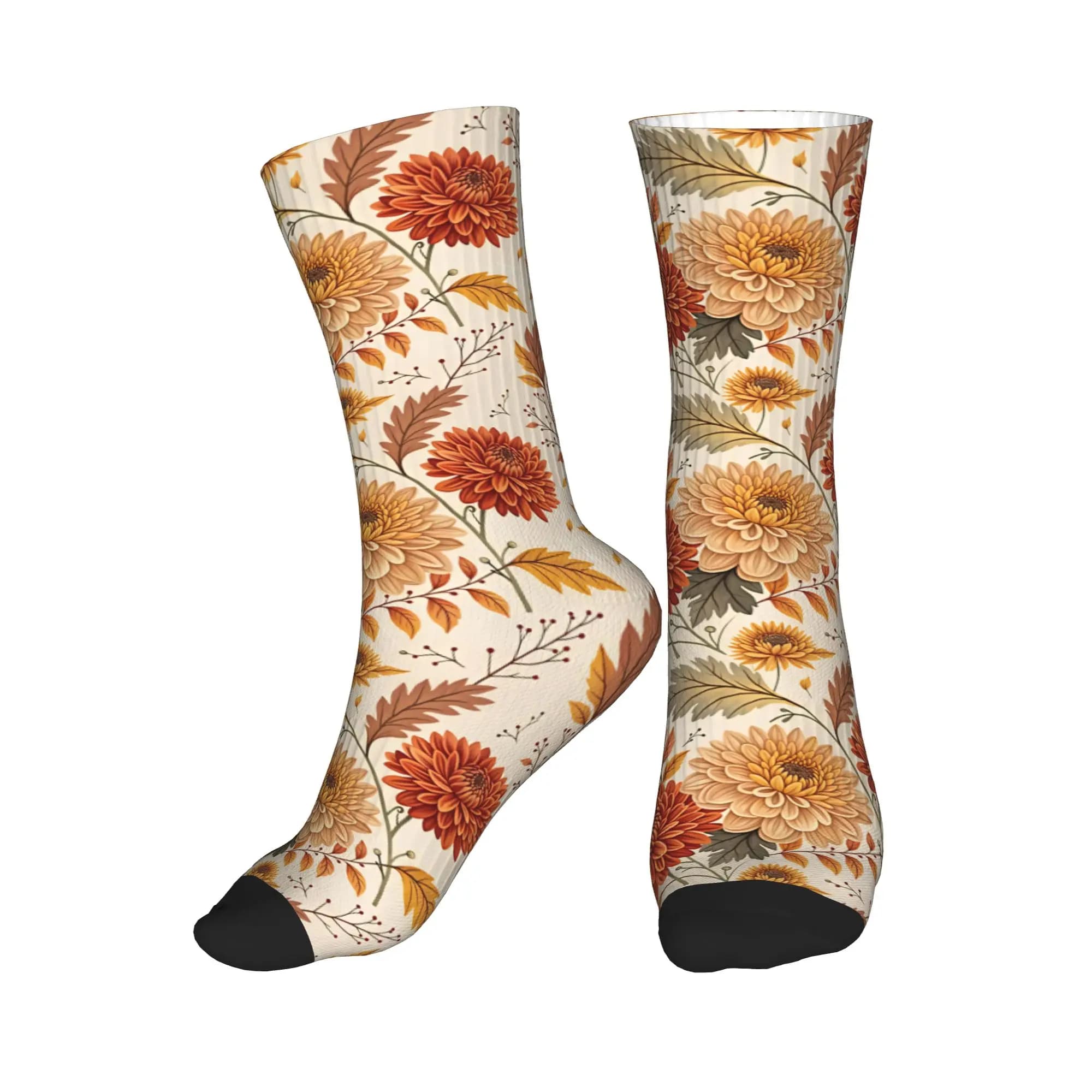 Fun Mens Autumn Chrysanthemum Fall Floral Leaf Dress Socks Unisex Comfortable Warm 3D Printed Crew Socks