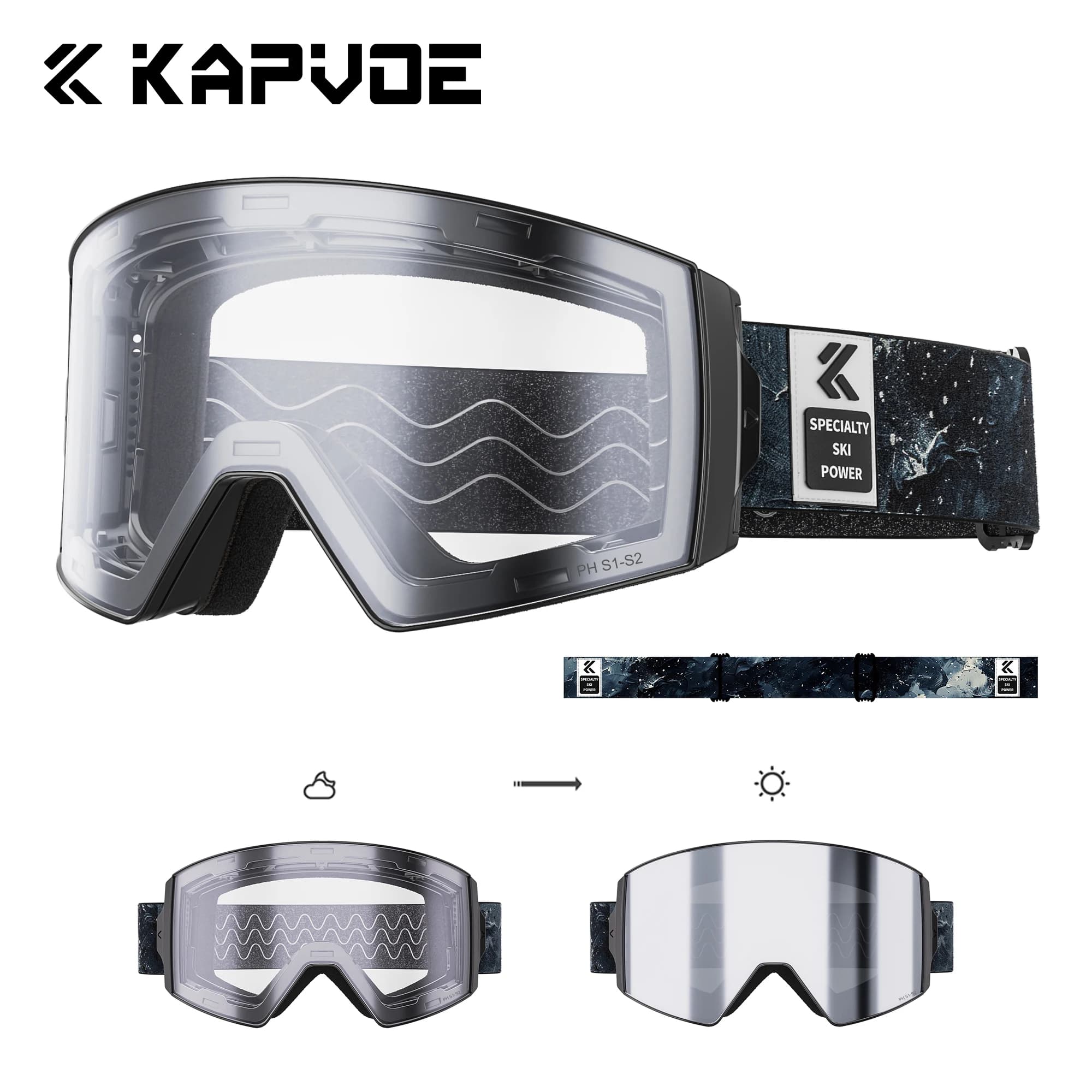 Kapvoe Photochromic Skiing Eyewear Ski Goggle Snowboard Anti-Fog Mask Men Women UV400 Protection Snow Glasses Snowmobile Winter