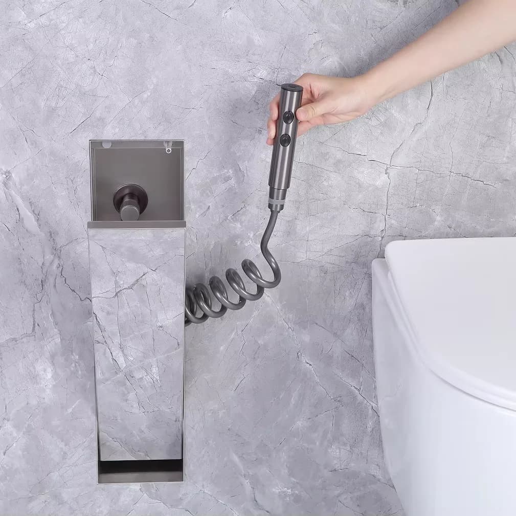 Supporto per spazzolino WC in acciaio inox con doccetta bidet a scomparsa, per nicchia senza cornice e piastrelle