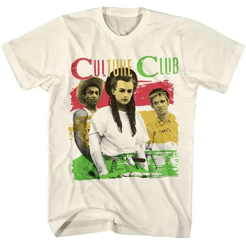Maglietta da uomo con foto di gruppo del Culture Club, colori della bandiera Rasta, New Wave Pop Music