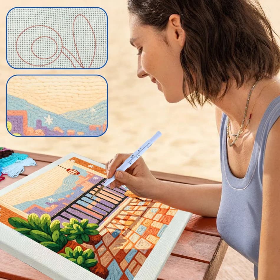 GATYZTORY punch needle embroidery and creativity package Balcony view Yarn Sewing kit Adults Crafts Knit crafts materials Gifts