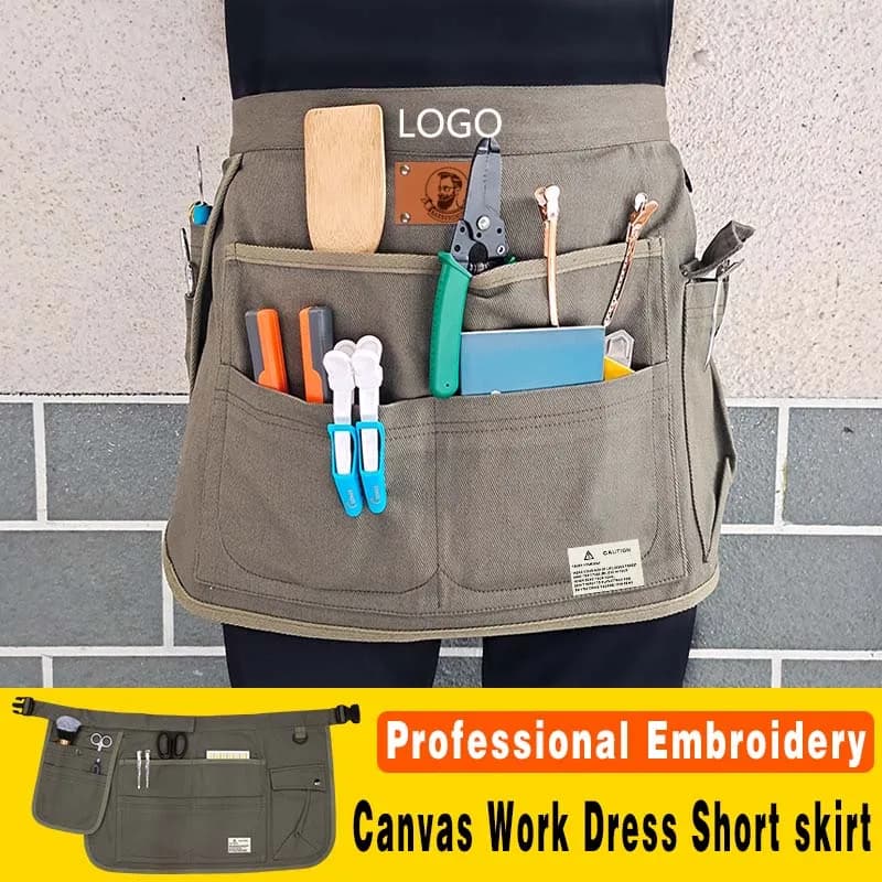 Custom Logo Multi-pocket Apron For Men And Women Beauty Storage Horticulture Hairdresser Adjustable Commerce Short Skirt Apron