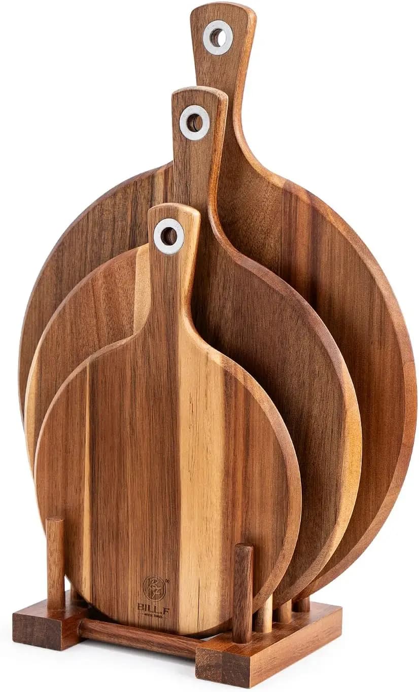Set di 3 Taglieri in Legno di Acacia, 8" 10" 12" con Manico e Organizzatore per Preparazione e Servizio in Cucina