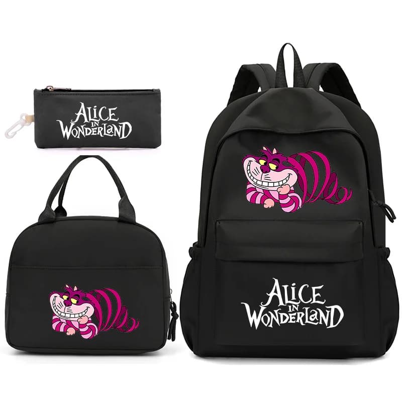 Alice nel Paese delle Meraviglie 3 pezzi/set Zaino con borsa per il pranzo per adolescenti Borse da scuola per studenti Set da viaggio comodi e casual Gatto
