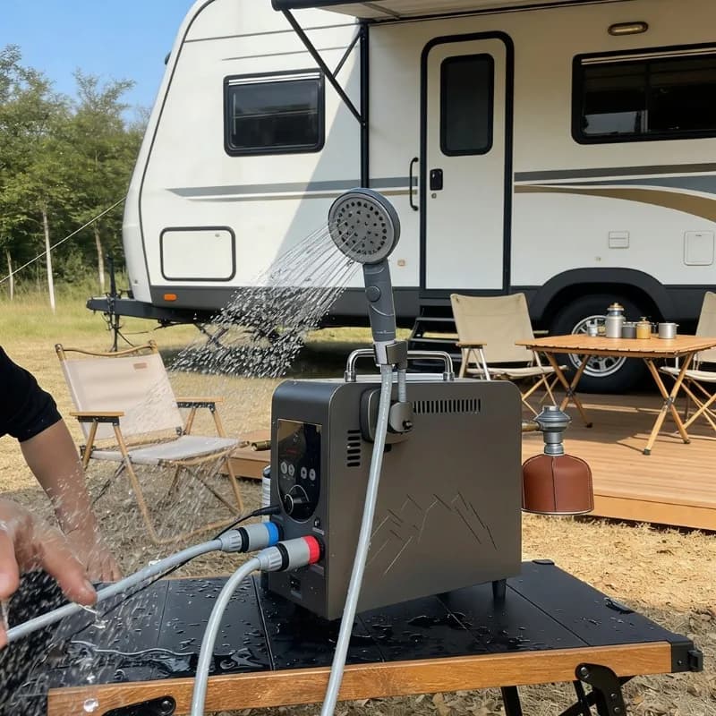 Scaldabagno a gas portatile intelligente per esterni a temperatura costante, ideale per viaggi in camper e campeggio.