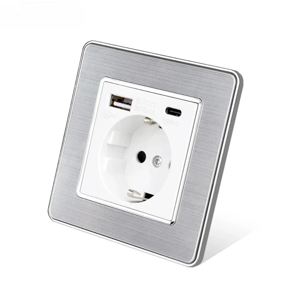 Type-C USB EU / Spain / Russia Grey Wall Power Socket Holder Stainless Steel Panel Fast Charger with Phone Outlet