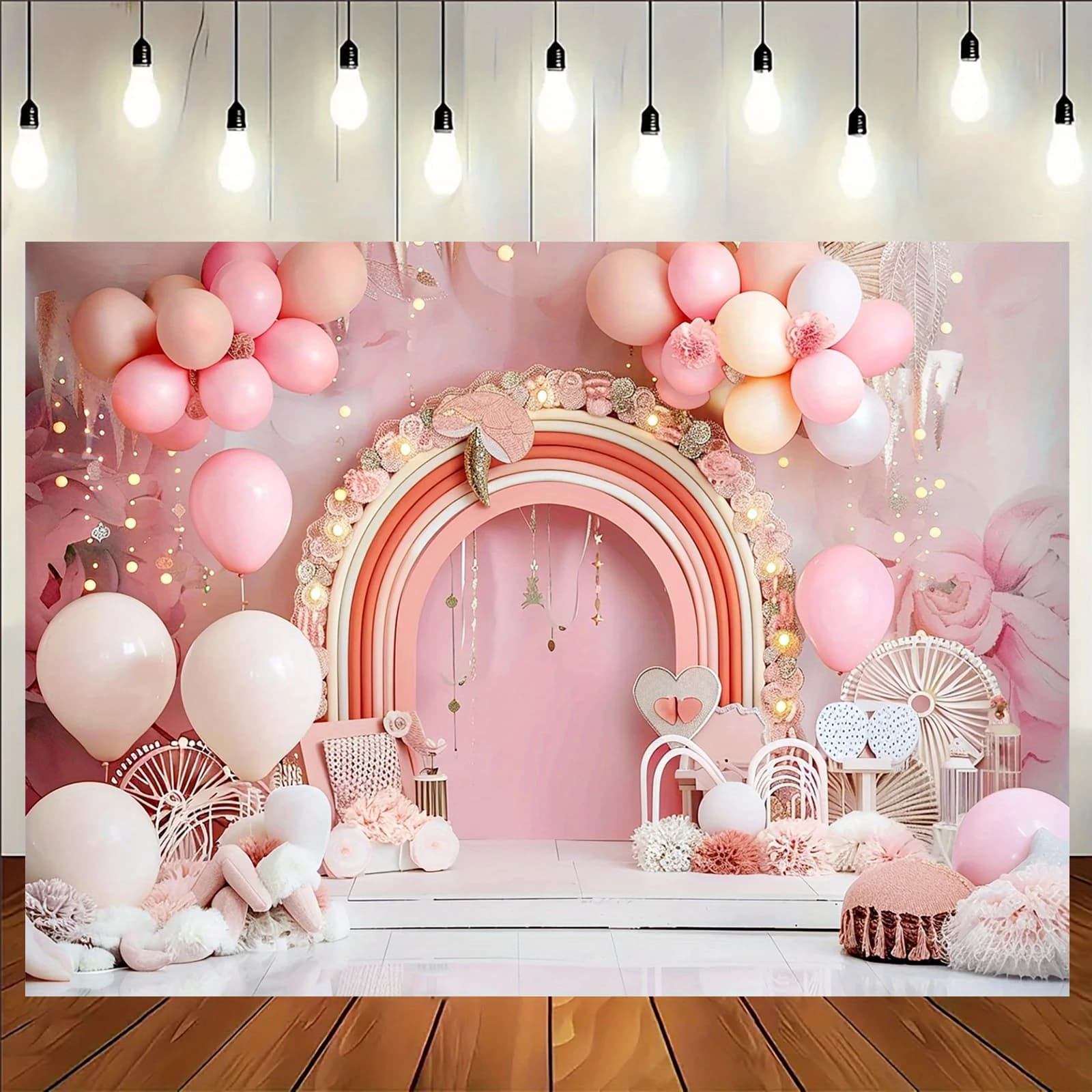 Rainbow Bohemian photography background - Balloon party decorations with dreamcatcher nets and soaking grassZ