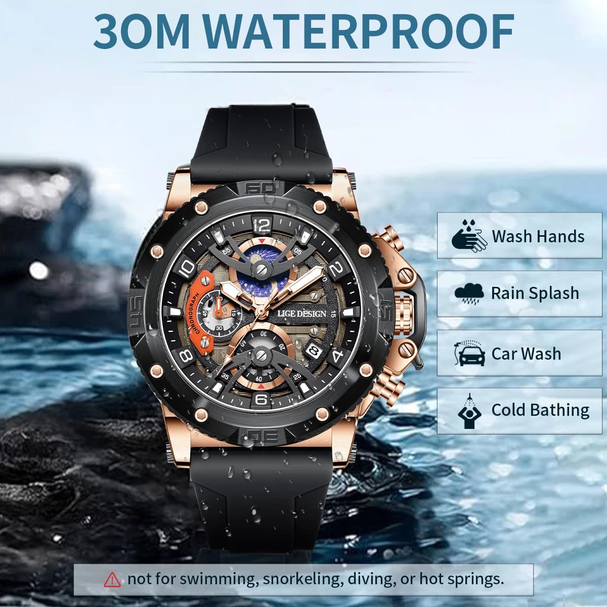 LIGE Sports Man Watch Top Brand Luxury Silicone Chronograph Small Dial Function Quartz Wristwatches Waterproof Luminous Watch