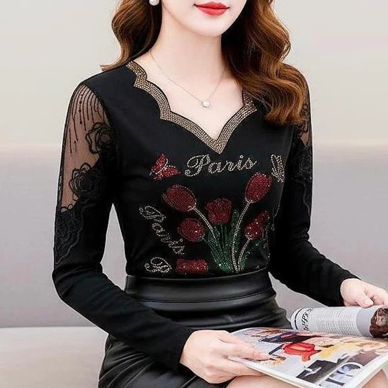 2025 Primavera Autunno Nuova moda coreana Donna Top Fiore Diamante T-shirt a maniche lunghe Patchwork Camicia a rete in pizzo