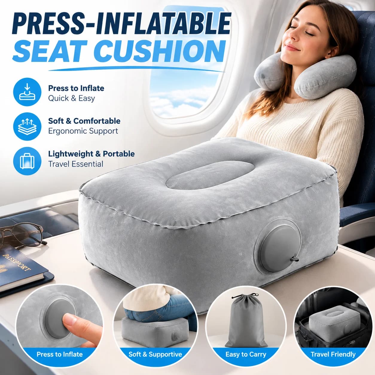 Portable Inflatable Foot Rest Pillow Travel Footrest Cushion for Airplane Car Office Home Leg Elevation Relaxing Comfort