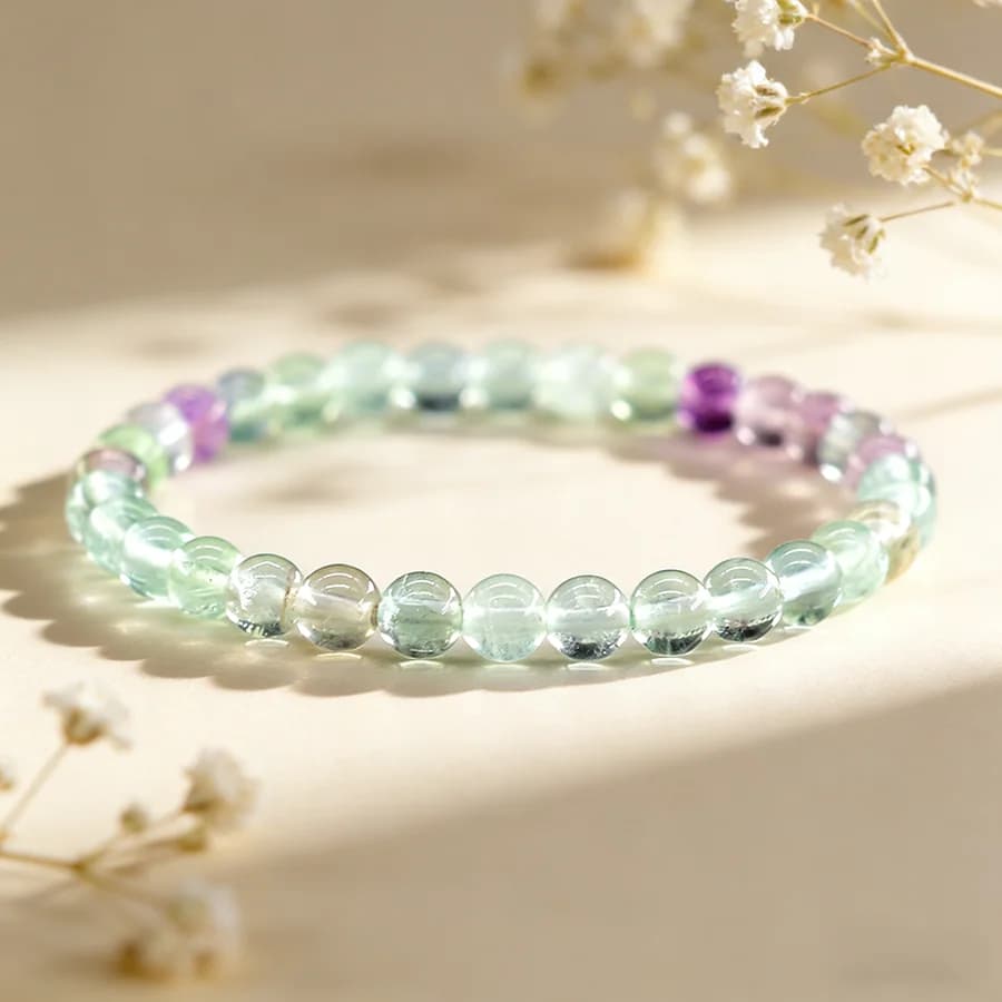 Braccialetti di Perle in Cristallo di Fluorite Naturale, Bracciale Multicolore con Perle Rotonde, Braccialetti Elastici per Guarigione Reiki, Regalo per la Mano