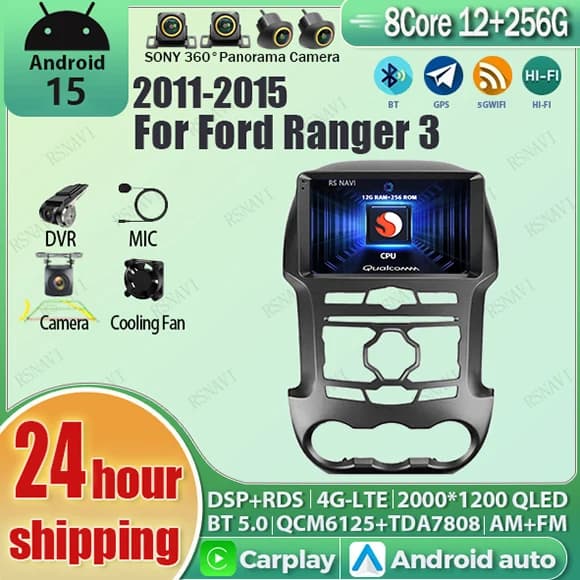 Android 15 Carplay Auto Qualcomm 2K QLED Schermo Lettore di autoradio per Ford Ranger 3 2011 2012-2015 GPS DSP Stereo BT WIFI 4G DVD