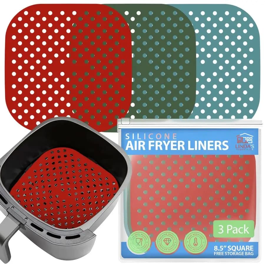 Reusable square silicone coatings for 8.5 inch air fryer, Linda's Essentials 3 packaging, non-stick accessories and easy to clean with practical make-up