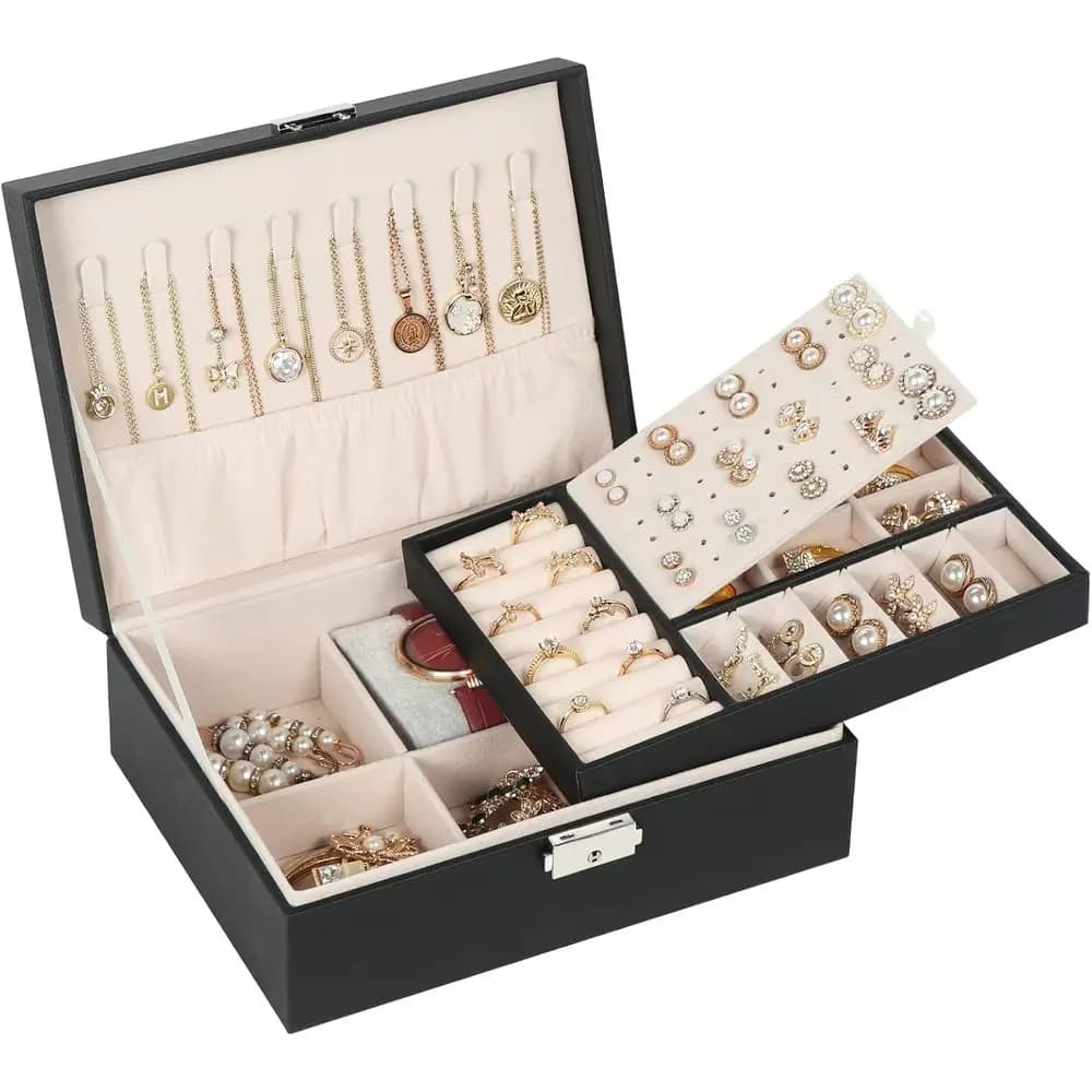 2-Layer Lockable Leather Jewelry Organizer with Removable Tray for Rings, Earrings, Bracelets, and Watches - Black