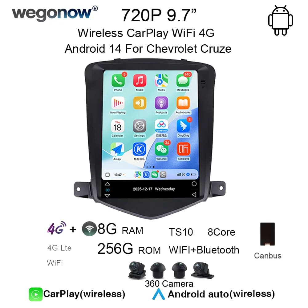 Wegonow Universal Car, for Chevrolet Cruze, Android 14.0, 720P, 9.7 Inches, 12+512G, CarPlay Wireless, Android Auto, 4G, Wi-Fi, Bluetooth