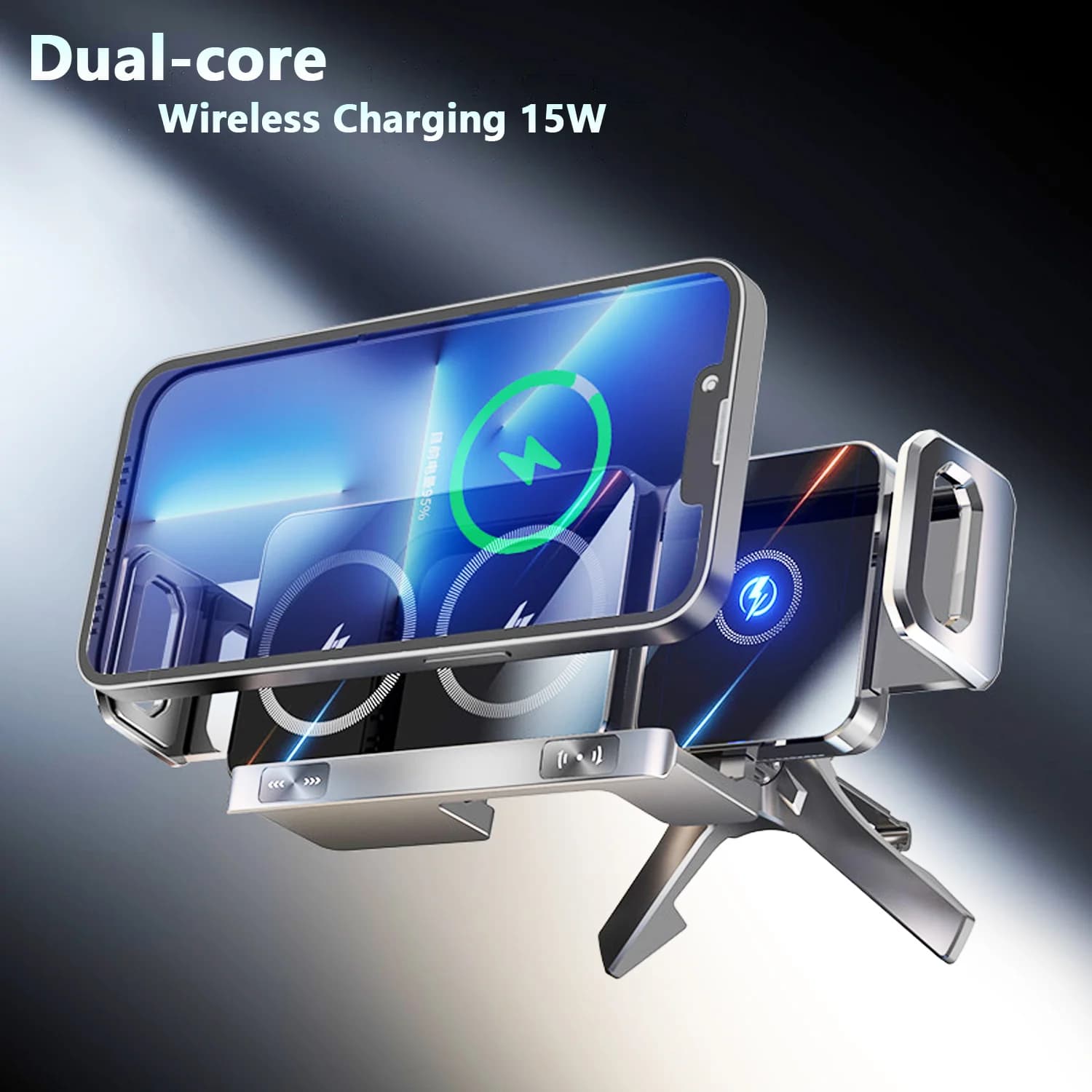 Supporto universale per telefono per Samsung iPhone Xiaomi Pad Z Fold Caricatore wireless per auto Supporto per rotazione di bloccaggio elettrico per telefono pieghevole
