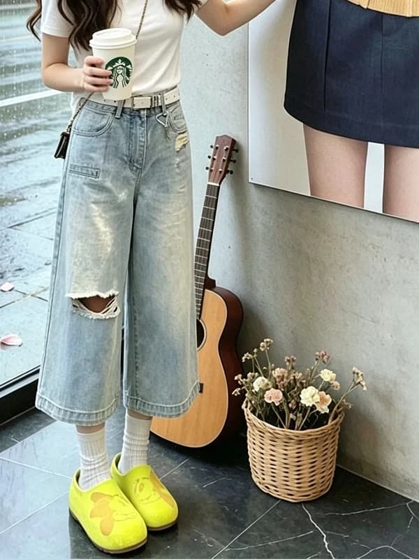 American Style Retro Hole Seven-Foot Jeans Women Summer New plus Size Loose Wide Leg Seven-Foot Pants High Waist No Stretch